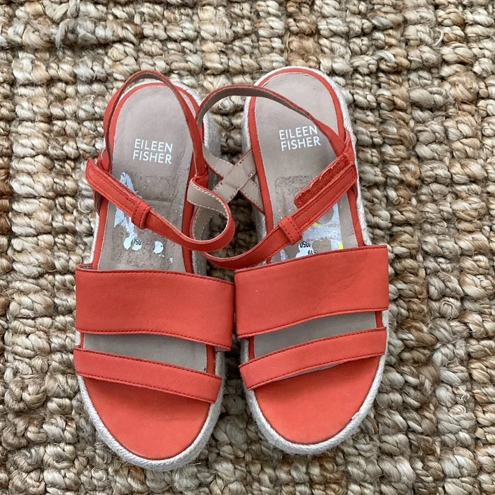 Eileen Fisher Devi Espadrille Strappy Leather Platform Shoe Womens Size 5 Orange